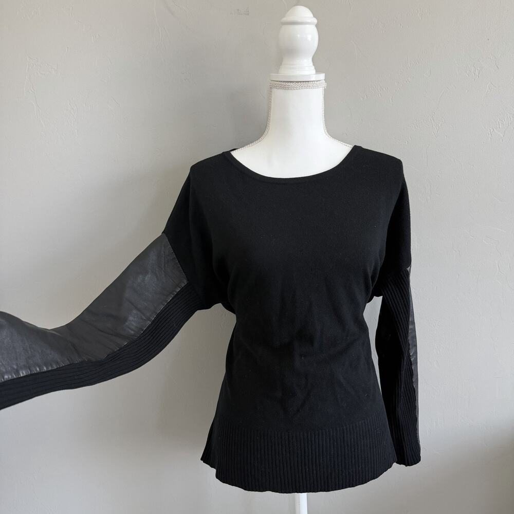 Michael Stars Woman’s Sweater Sz 2 Wool Modal Cashmere Leather Long Sleeve Black